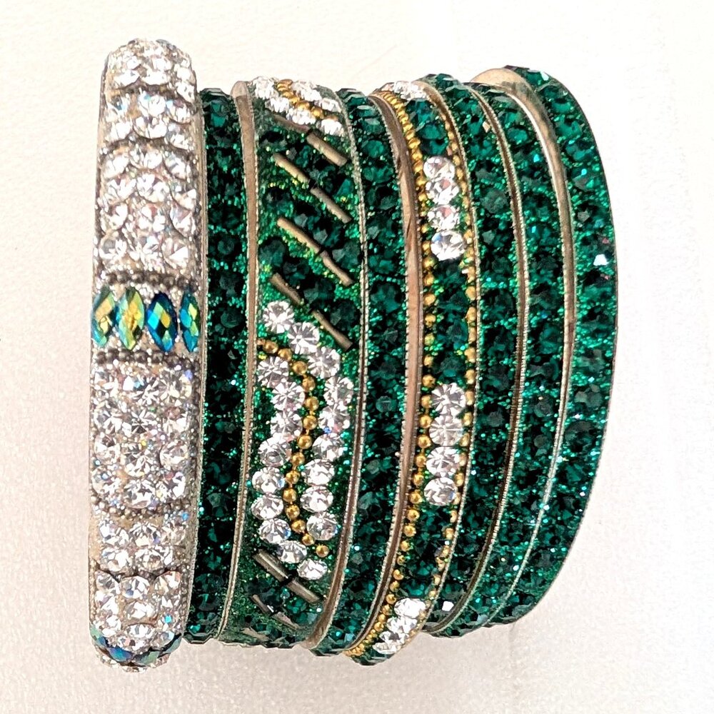 Bundle of 8 green, gold and clear sparkly beaded stacking bangles - Picture 7 of 9